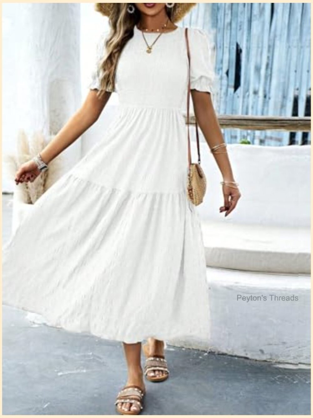 Short Sleeve Maxi Dress Modest Casual A-Line Tiered Flowy Smocked - Picture 5 of 6